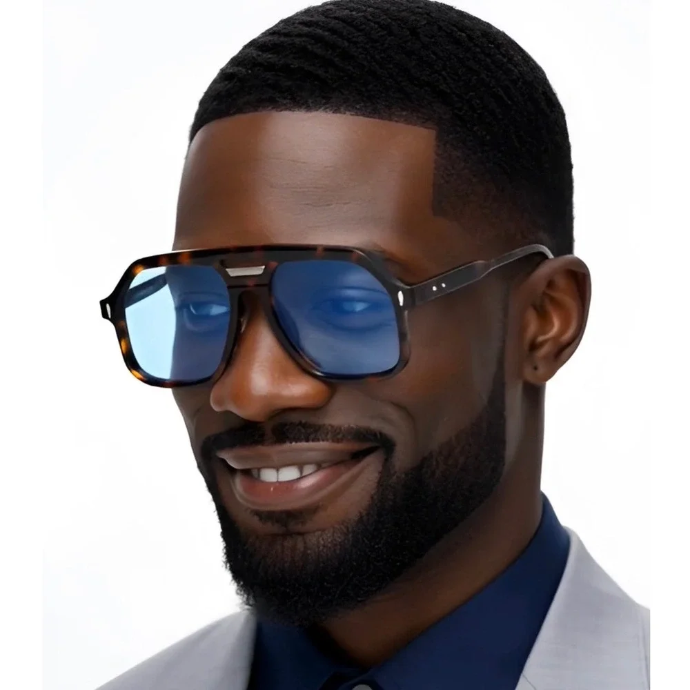 Mens Tortoise Shell Navigator Sunglasses Blue Tinted Lens Oversized Square Retro